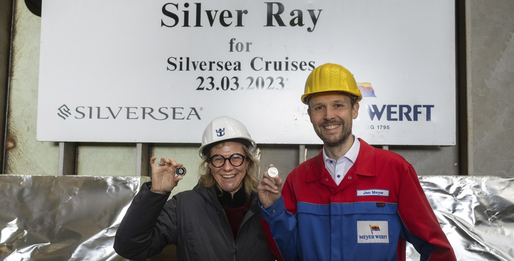 Keel Laying Of Second Nova Class Ship, Silver Ray at Meyer Werft - Barbara Muckermann, Silversea’s President and CEO, and Jan Meyer, Managing Director of MEYER WERFT (Image at LateCruiseNews.com - March 2023)