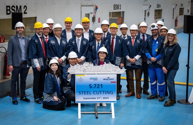 Construction of the new cruise ship for NYK Cruises, a company of the Japanese ship-ping group NYK, has now begun at MEYER WERFT with the symbolic steel cutting ceremony  (Image at LateCruiseNews.com - September 2023)